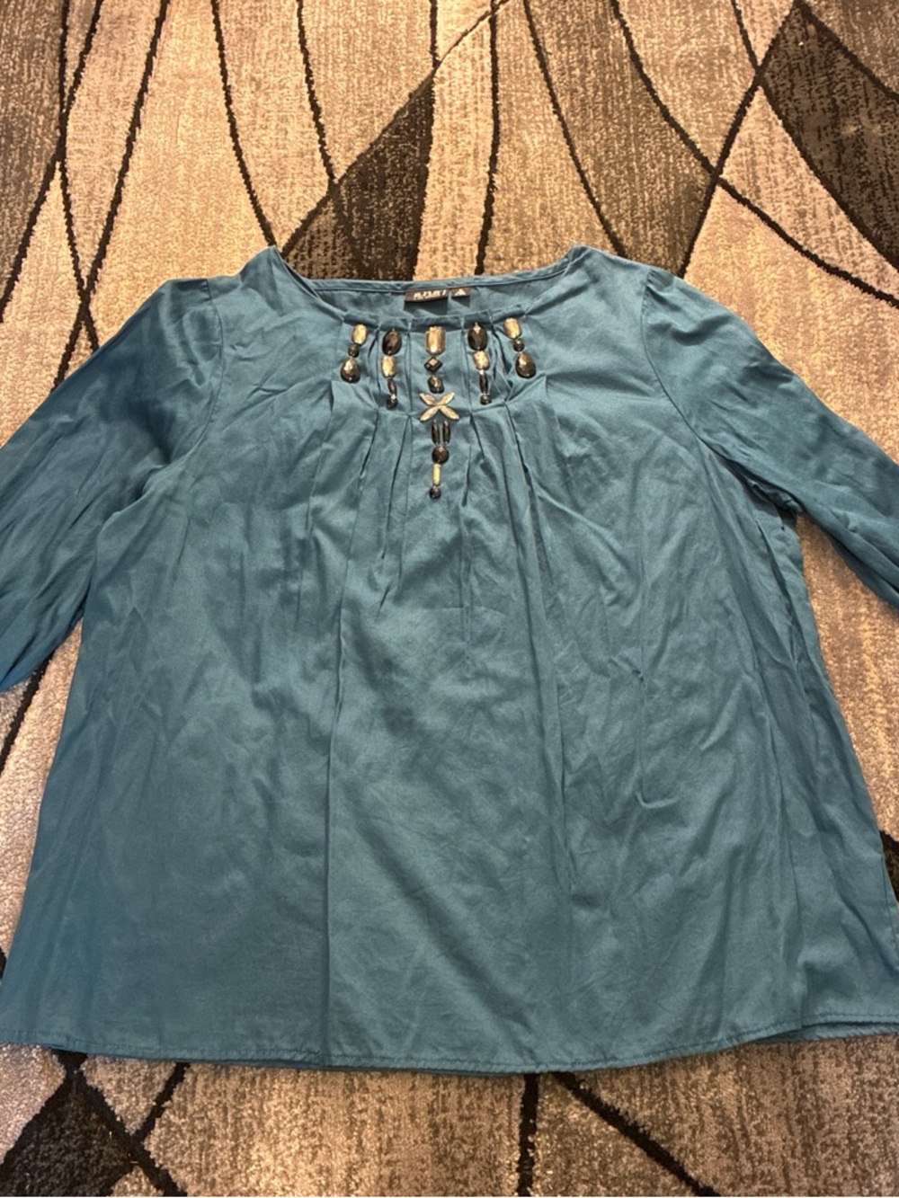 a.n.a Teal Blue Beaded Pleat-Front Women's Top